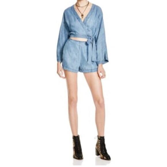 Free People Marlin Chambray One-Piece Shorts Romper Bell Sleeve Jumpsuit Size S - Picture 3 of 16